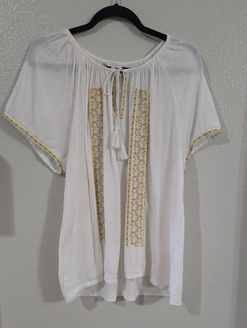Lucky Brand White Peasant Tunic with Yellow Embroidery